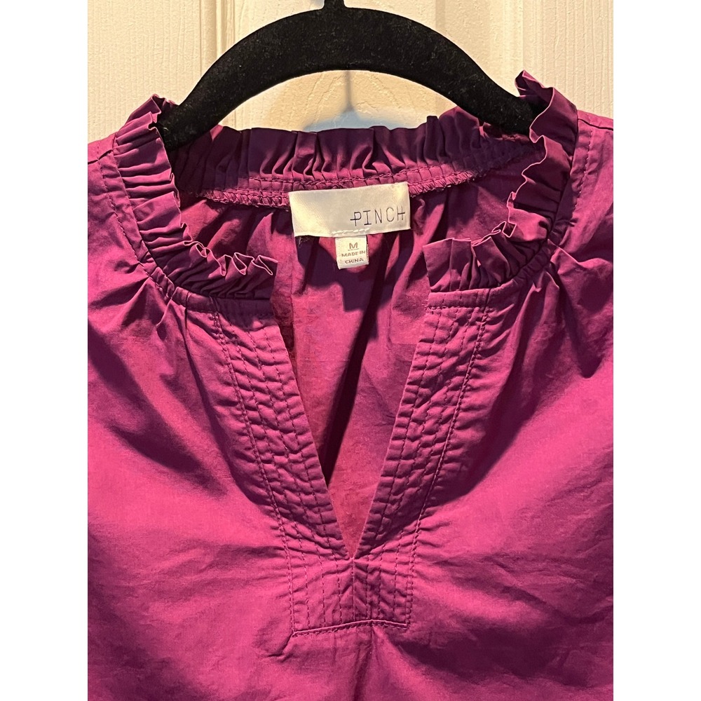 PINCH Puff Sleeve Blouse Womens Medium Purple Ruffle V-Neck Cotton Poplin Top - Picture 3 of 8